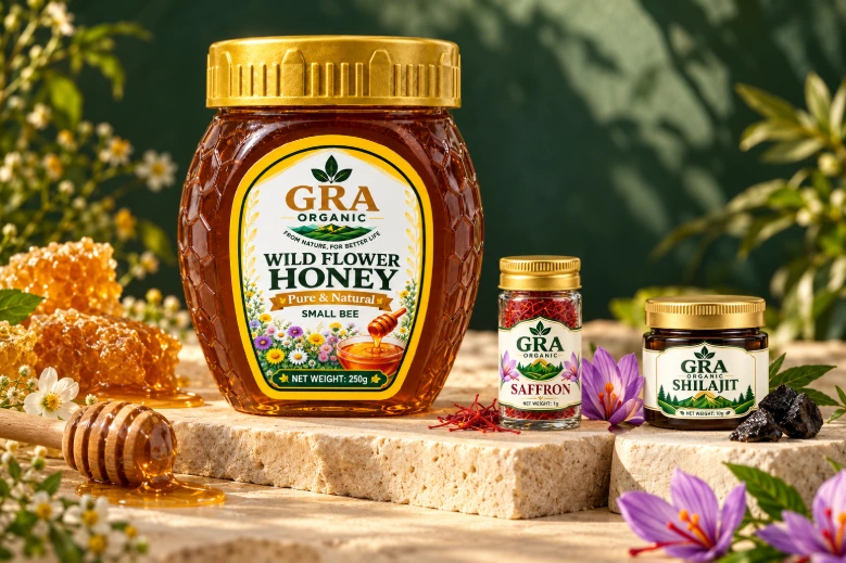 GRA Organic honey, saffron vial and compact shilajit jar