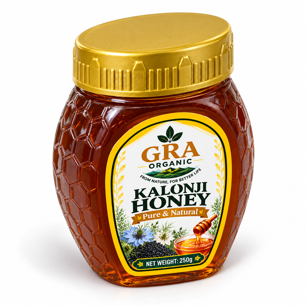 Kalonji Honey – top angle – 250g